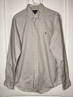 Ralph Lauren Custom Fit Men Green Pink Ivory Plaid Button Up Oxford Shirt